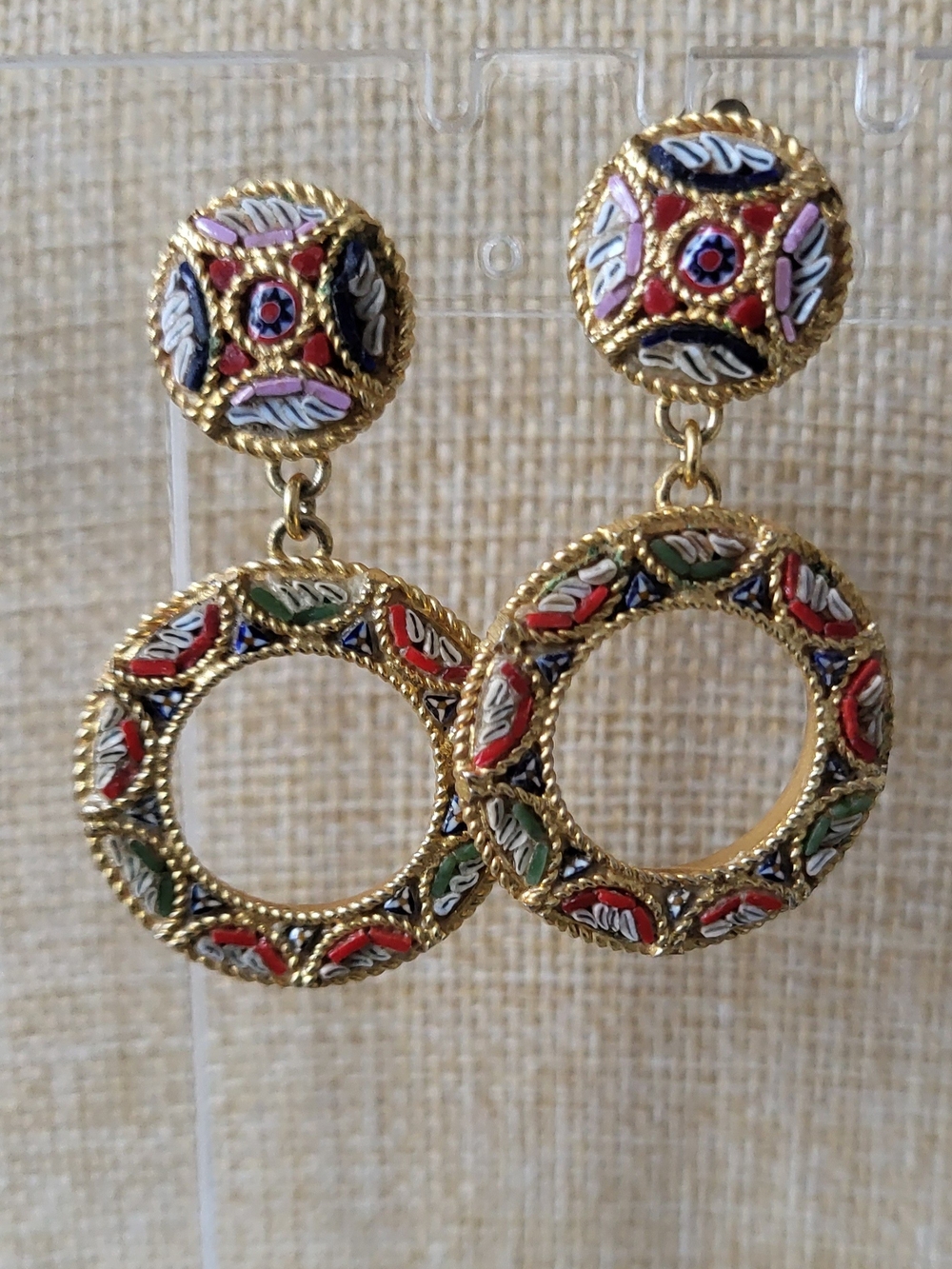 Vintage Micro Mosaic Gold-Tone Multicolor Glass Hoop  Earrings